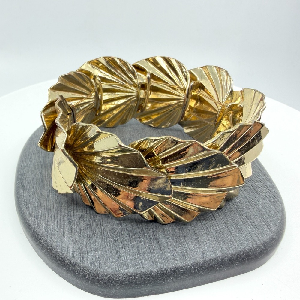 Gold Tone Statement Fan Link Bracelet Chunky Layering Boho Festival Accessory